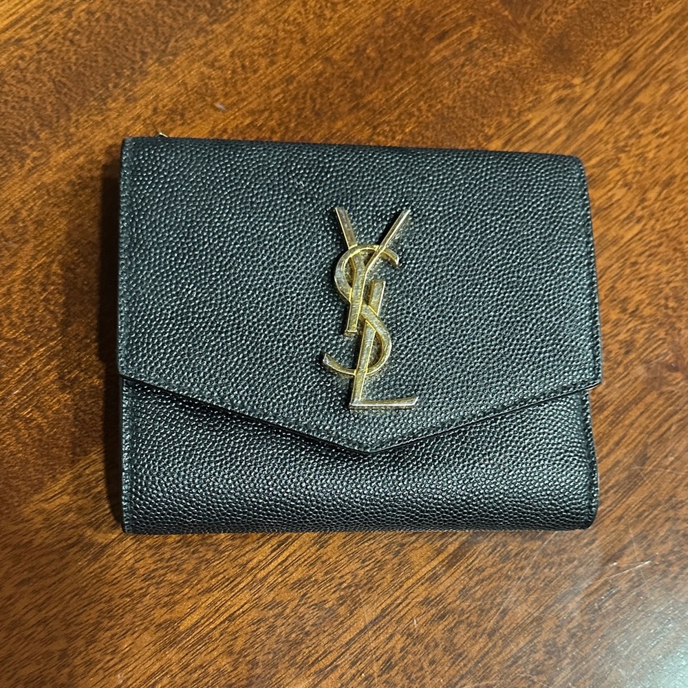 Saint Laurent Uptown Compact Grain Leather Wallet with Gold Accents